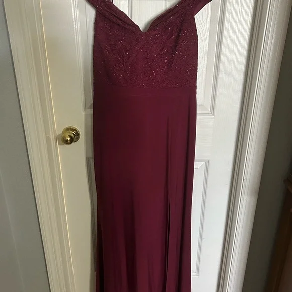 burgundy fall dress Off the Shoulder Burgundy Modest Bridesmaid Dresses with Slit ARD2078 main image 1